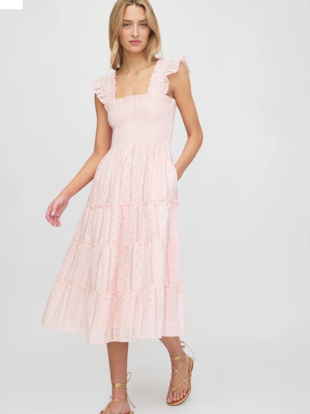 Soft Pink Eyelet Midi Dress with Ruffle Straps